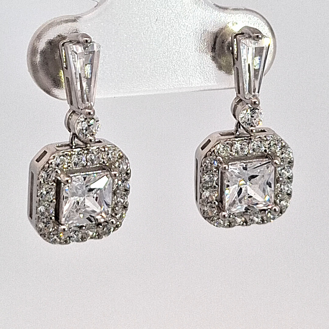 Silver square CZ Halo drop earrings 38719