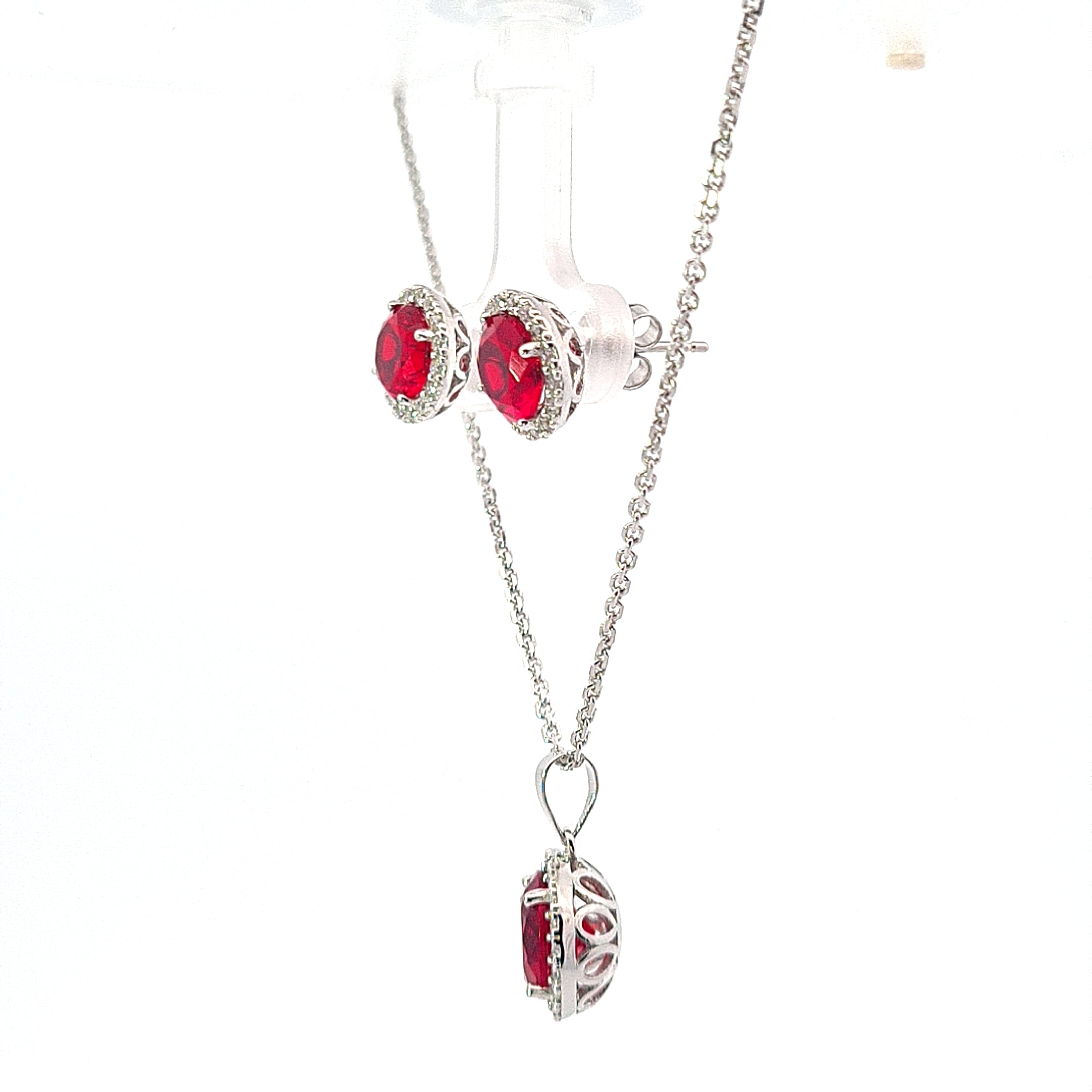 Halo pendant and earring set with Red CZ centre 35620 - Armin Lowe Jewellers