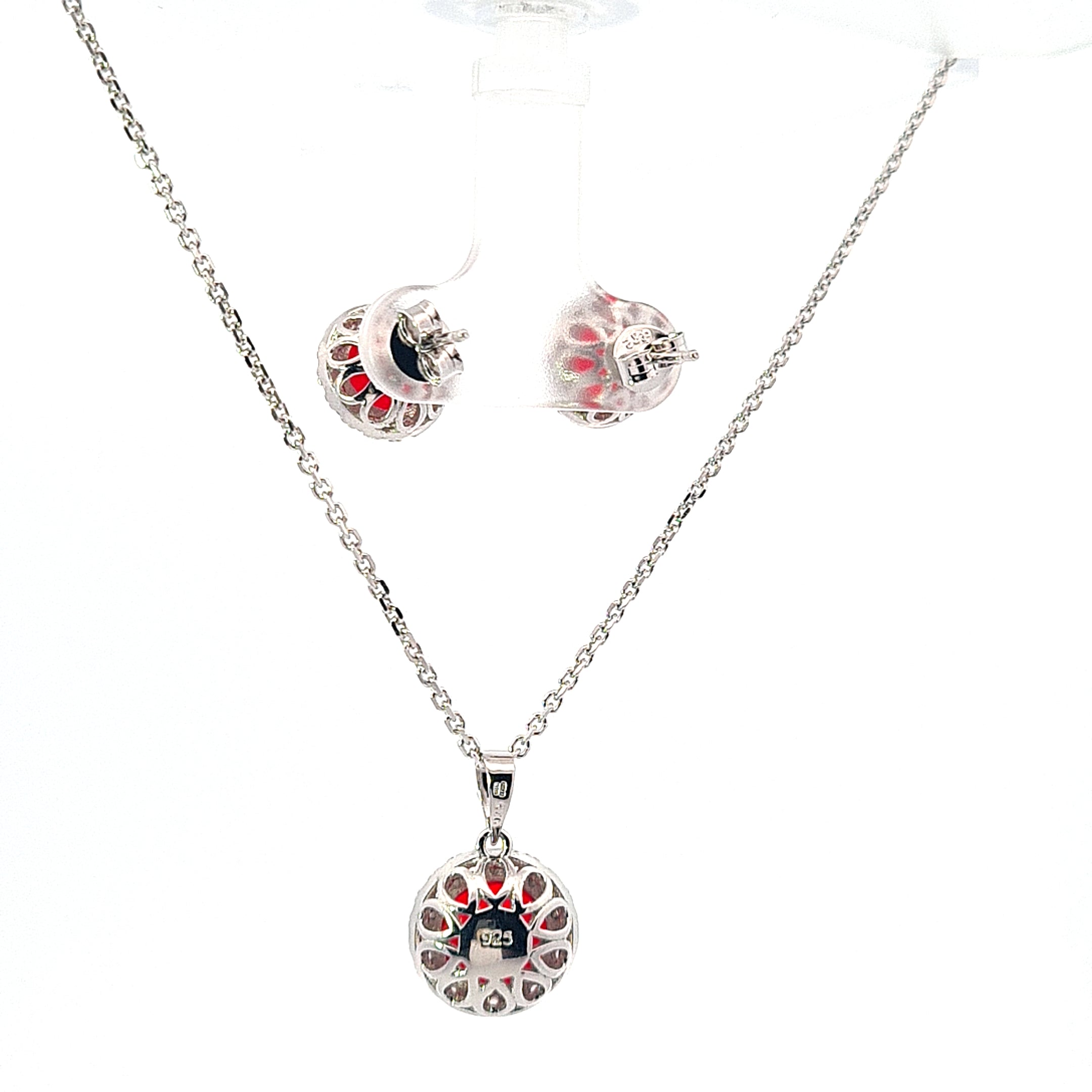 Halo pendant and earring set with Red CZ centre 35620 - Armin Lowe Jewellers