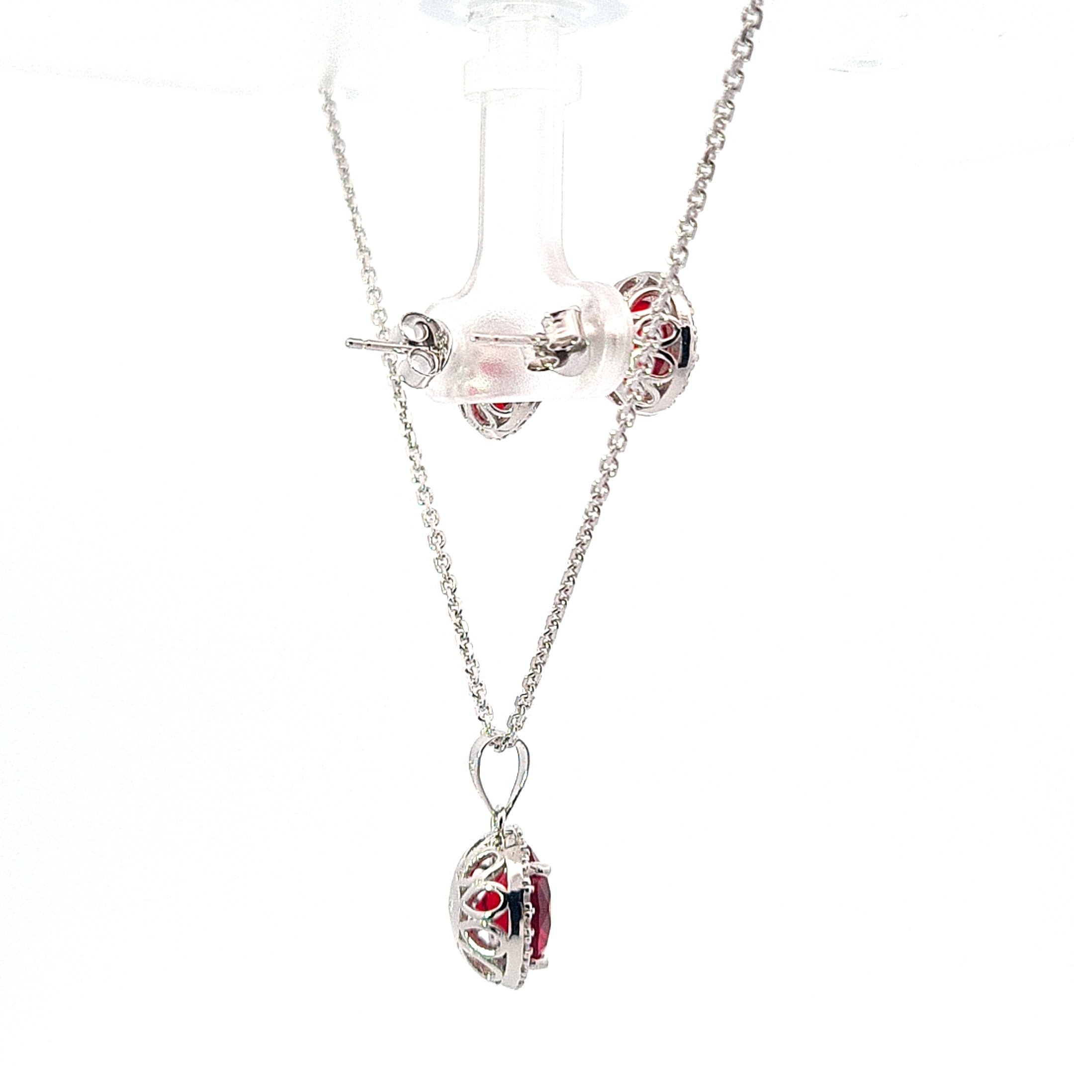 Halo pendant and earring set with Red CZ centre 35620 - Armin Lowe Jewellers
