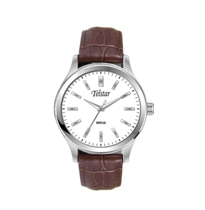 Gents Telstar quartz classic wristwatch, white dial on brown strap. 30m WATER RESISTANT 33877