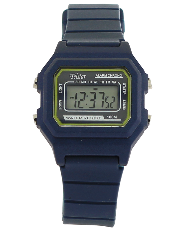 Digital Retro LCD Telstar watch in blue resin with yellow screen highlights. 100m water resistant 34920