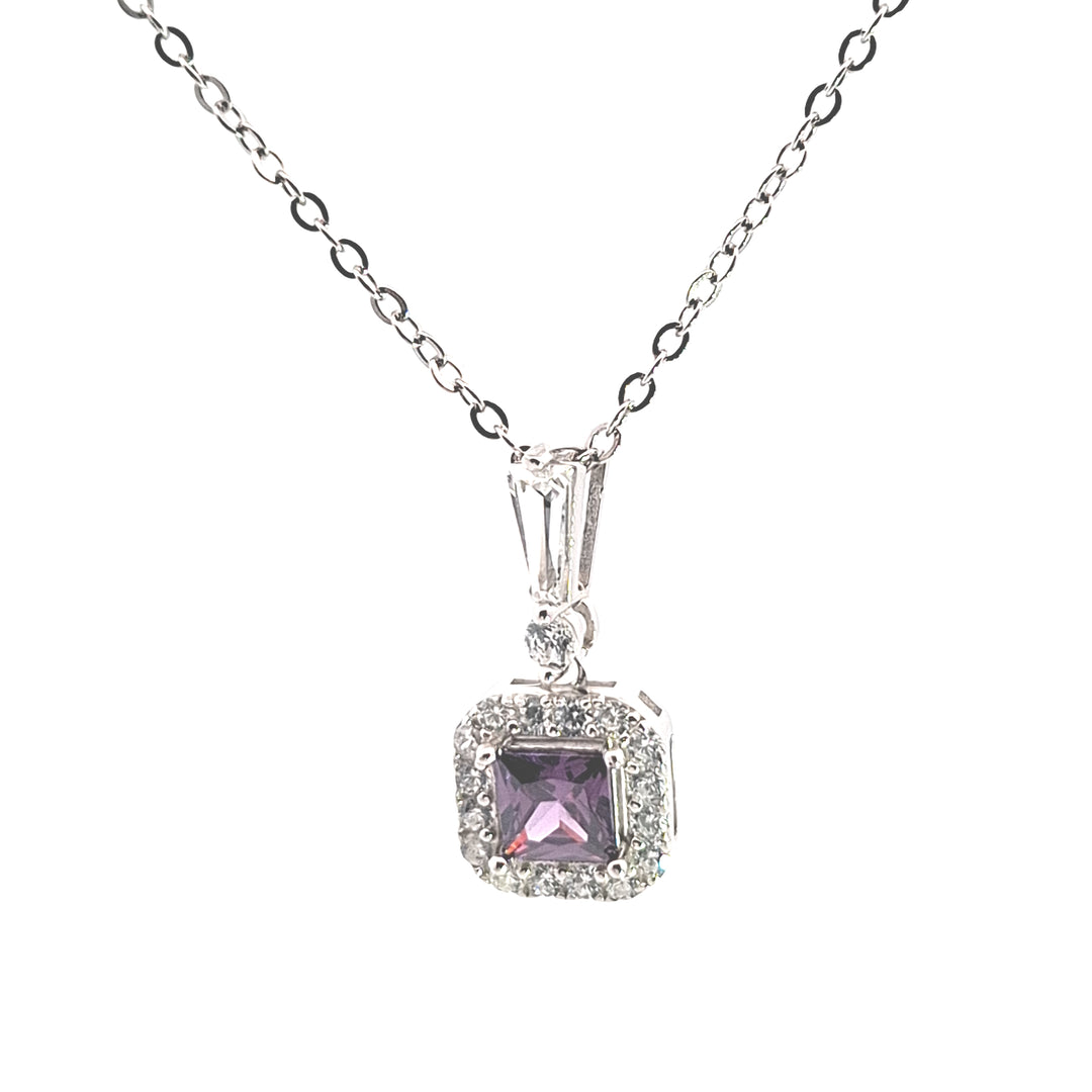 Silver square Amethyst Purple CZ Halo pendant 38712