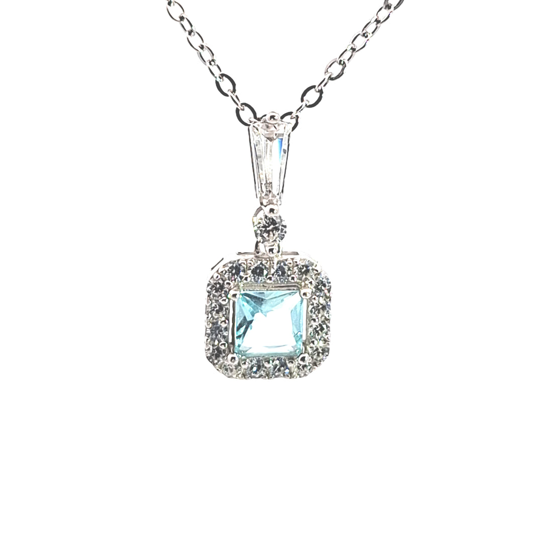 Silver square Aquamarine Blue CZ Halo pendant 38716