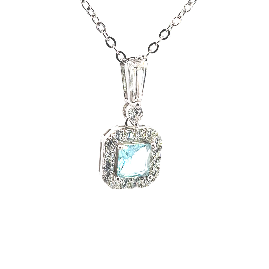 Silver square Aquamarine Blue CZ Halo pendant 38716