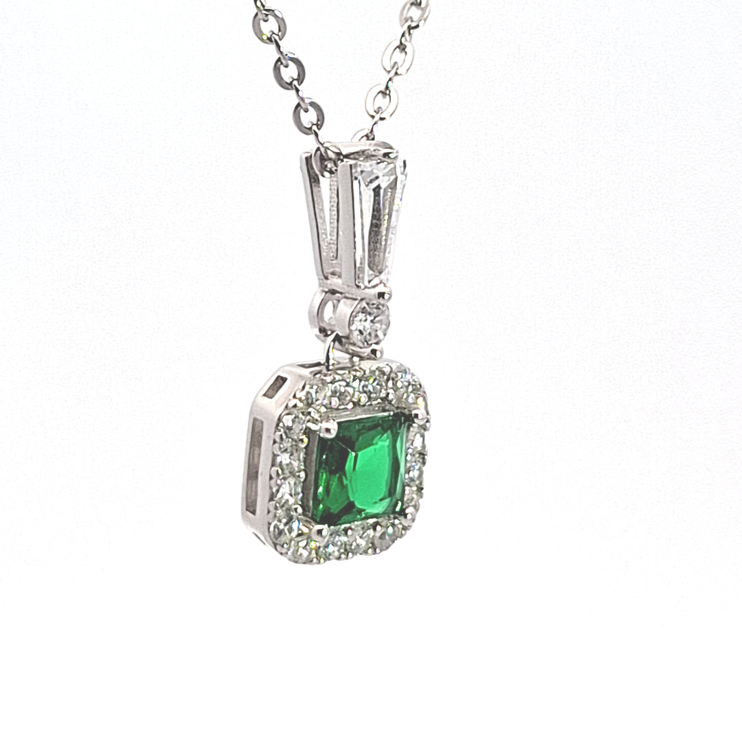 Silver square Emerald Green CZ Halo pendant 38708