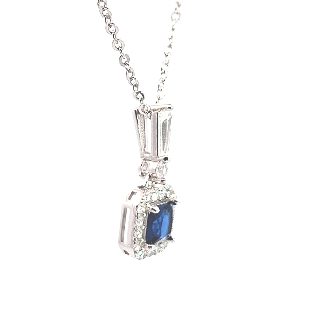 Silver square Sapphire Blue CZ Halo pendant 38706