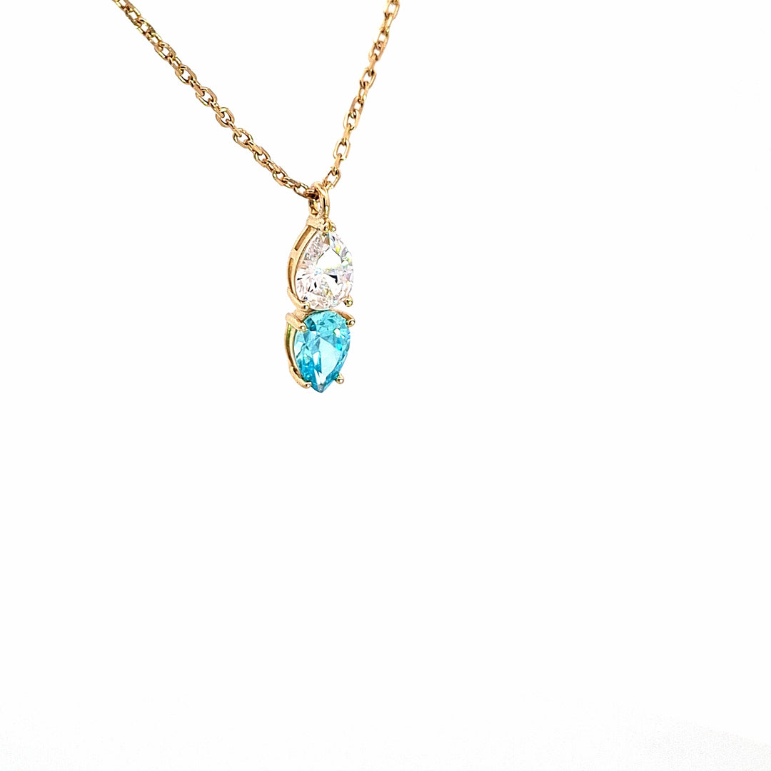Gold tone silver Aquamarine Blue   Pear paired pendant 38927