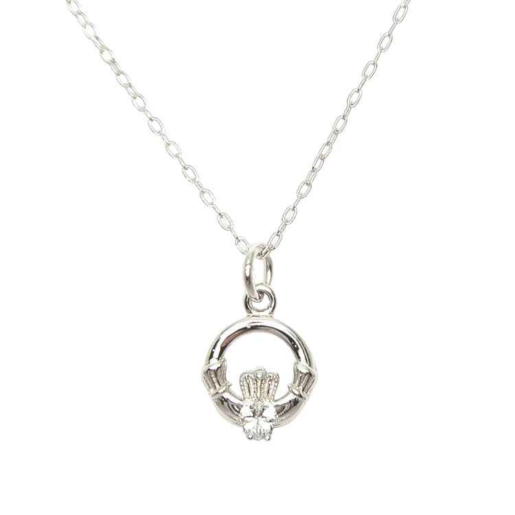Silver Claddagh pendant necklace on a white background
