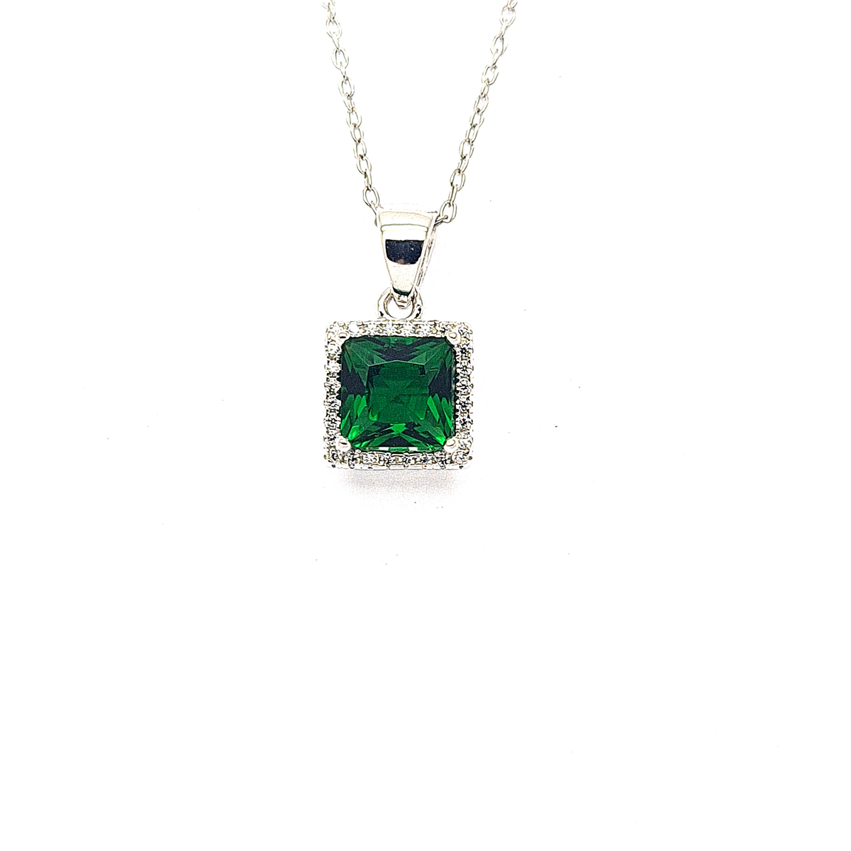 Sterling silver Emerald Green CZ square Halo pendant 35901 - Armin Lowe Jewellers