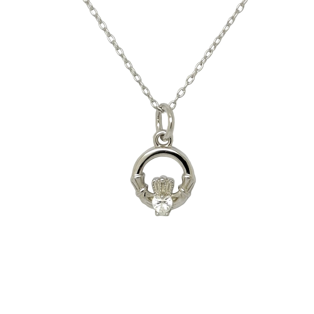 Silver claddagh april stone pendant