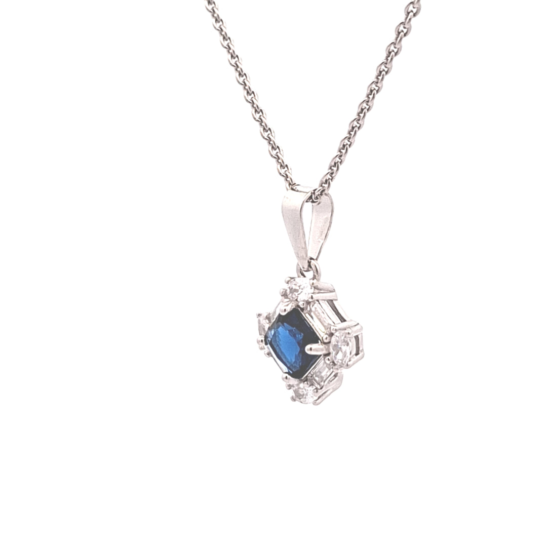 Fancy square Sapphire Blue, baguette and round  CZ set pendant 38017