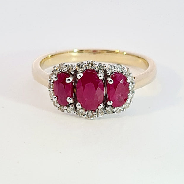 9ct Gold triple oval Ruby and Diamond Halo ring 35263