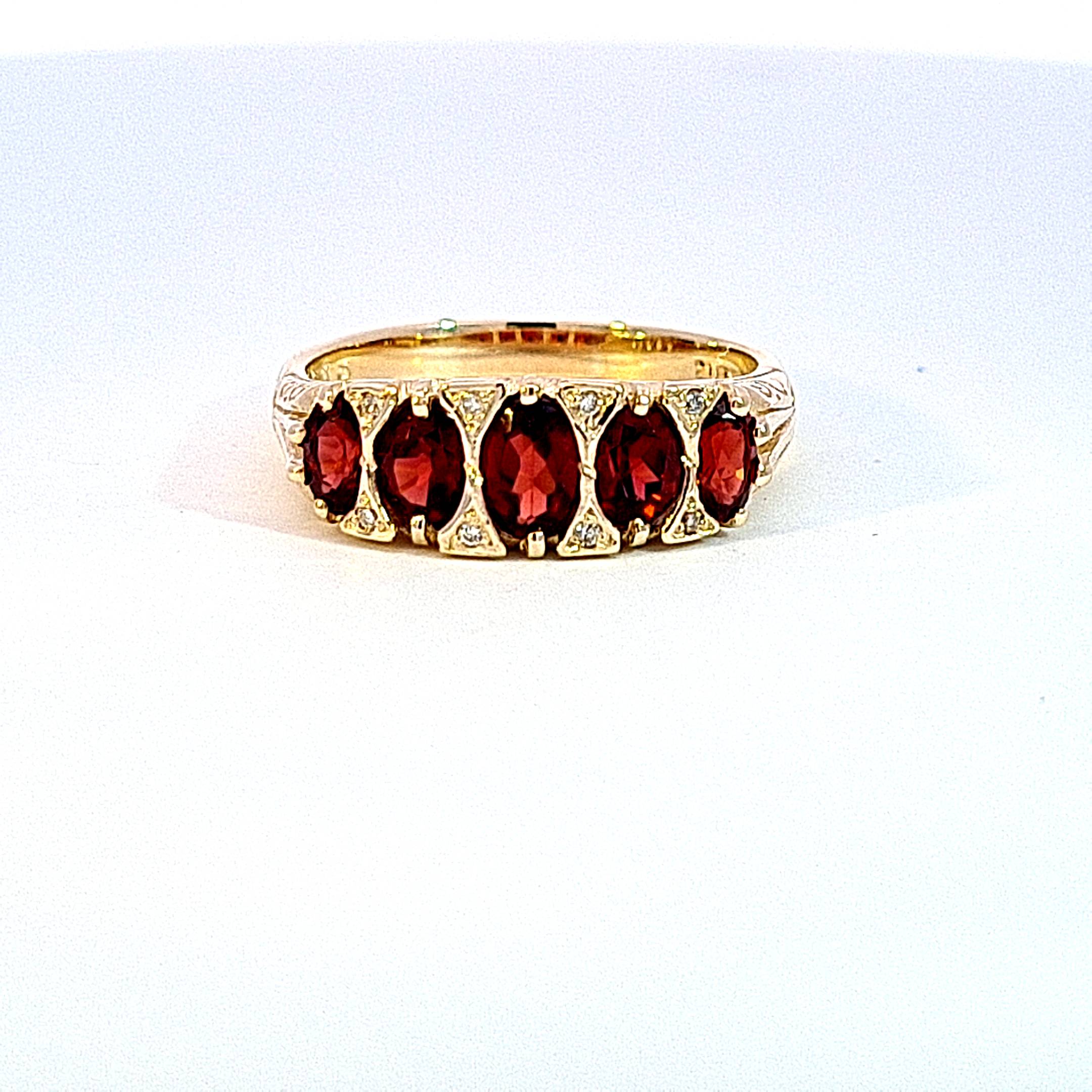 Gold carved ring with Garnets & Diamonds 35470 - Armin Lowe Jewellers