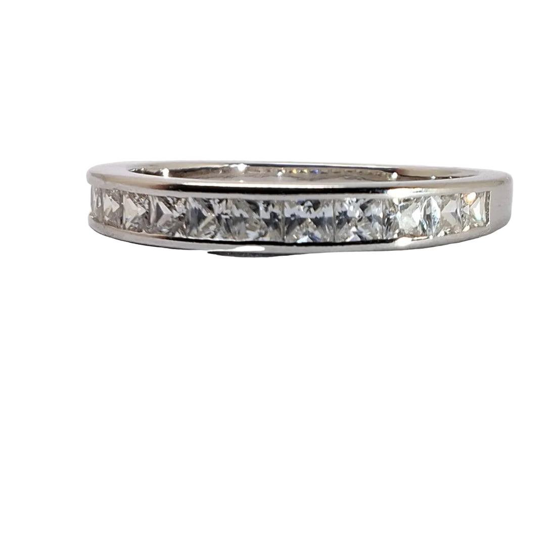 A silver eternity ring featuring a continuous row of princess-cut Cubic Zirconia set in a polished silver band, shown on a plain light gray background.