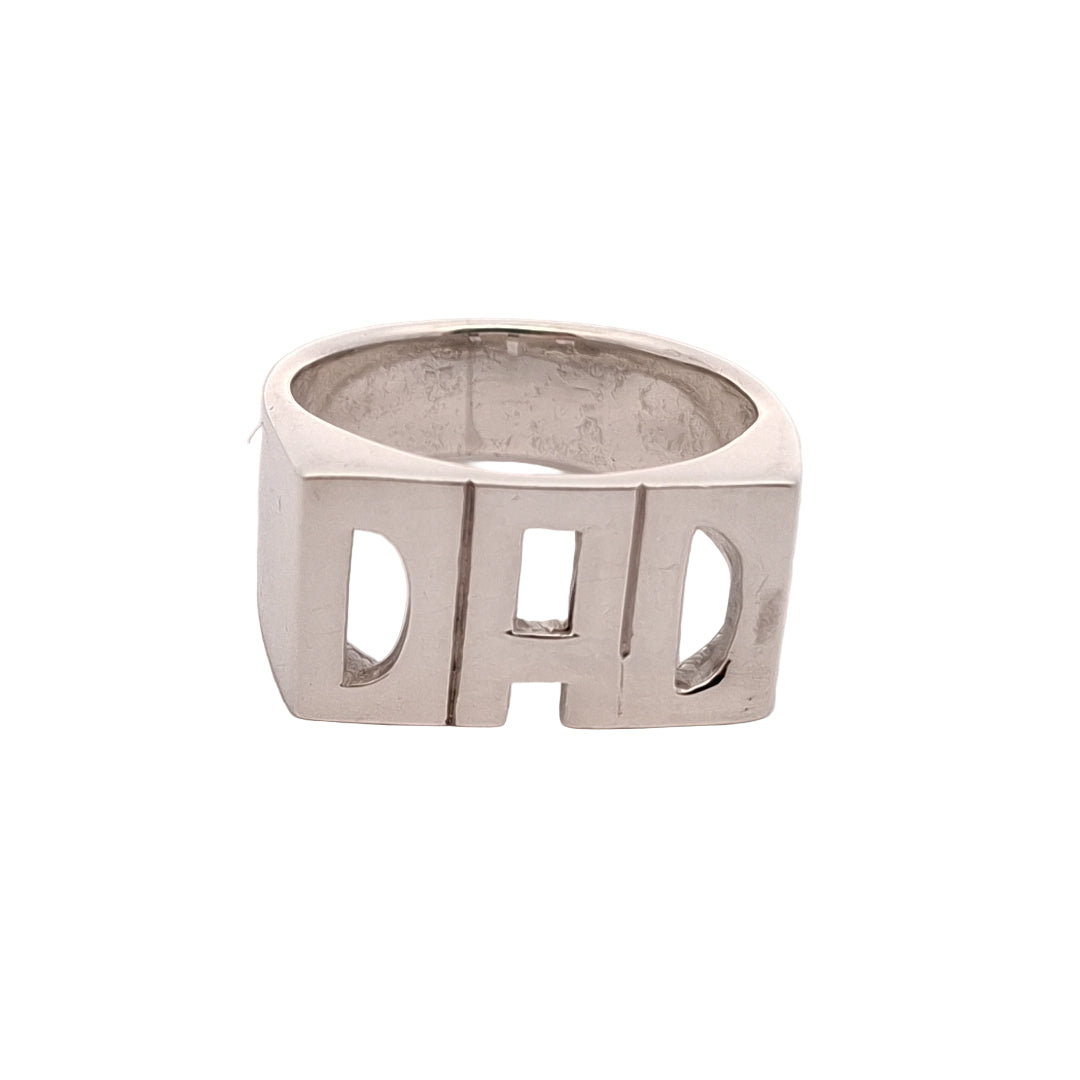 A sterling silver ring with the inscription 'DAD' on its exterior.