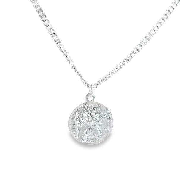 16mm round sterling silver St. Christopher medal, textured finish, reverse suitable for engraving 32662