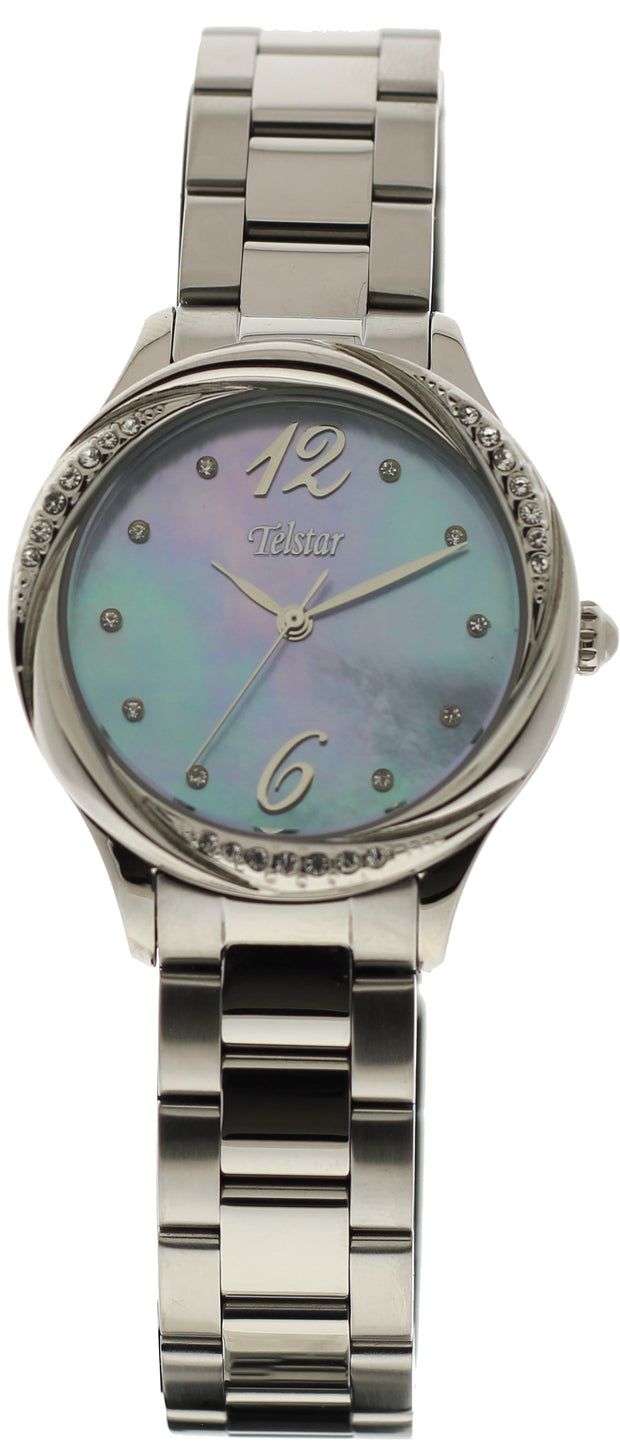 Paris model, steel case and bracelet with crystals in case and on blue mother of pearl dial, 50mWr 31962