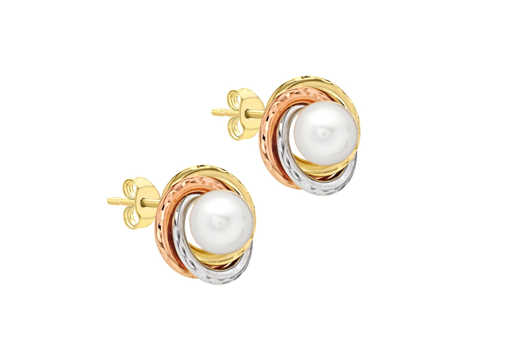 9ct 3 colour cultured pearl with diamond cut patterned rings stud earring, 6mm pearl 3689 - Armin Lowe Jewellers
