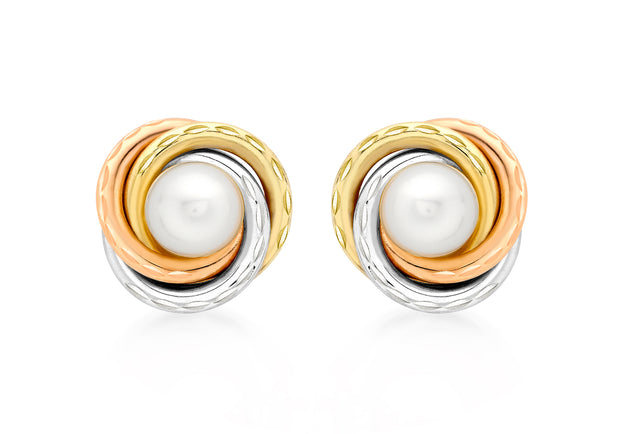 9ct 3 colour cultured pearl with diamond cut patterned rings stud earring, 6mm pearl 3689