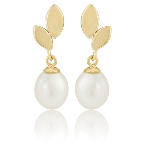 9ct yellow gold freshwater Cultured Pearl and leaf drop earrings 28193