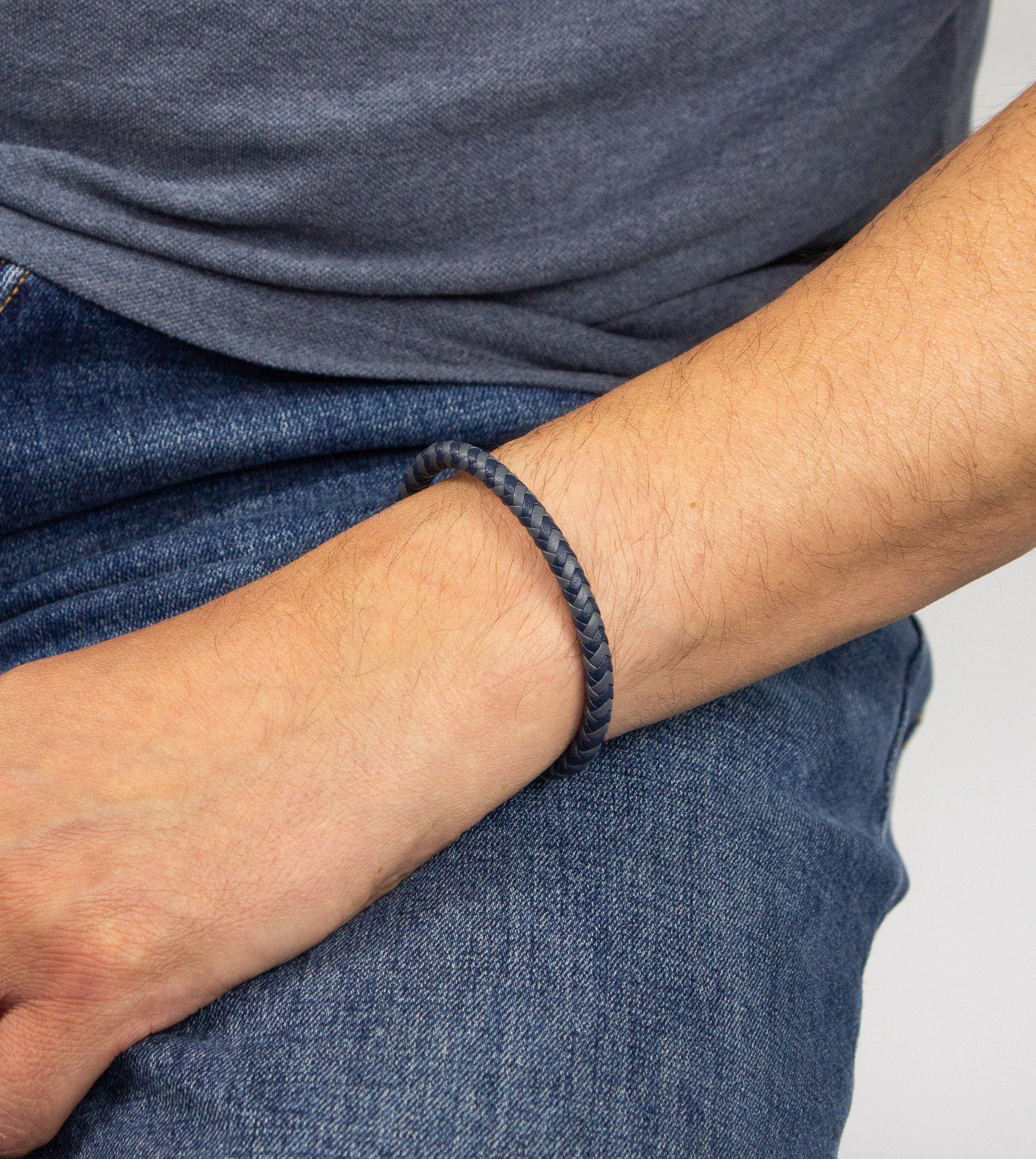 REBORN mans leather bracelet from Fred Bennett, black + gray plaited leather 35342 - Armin Lowe Jewellers