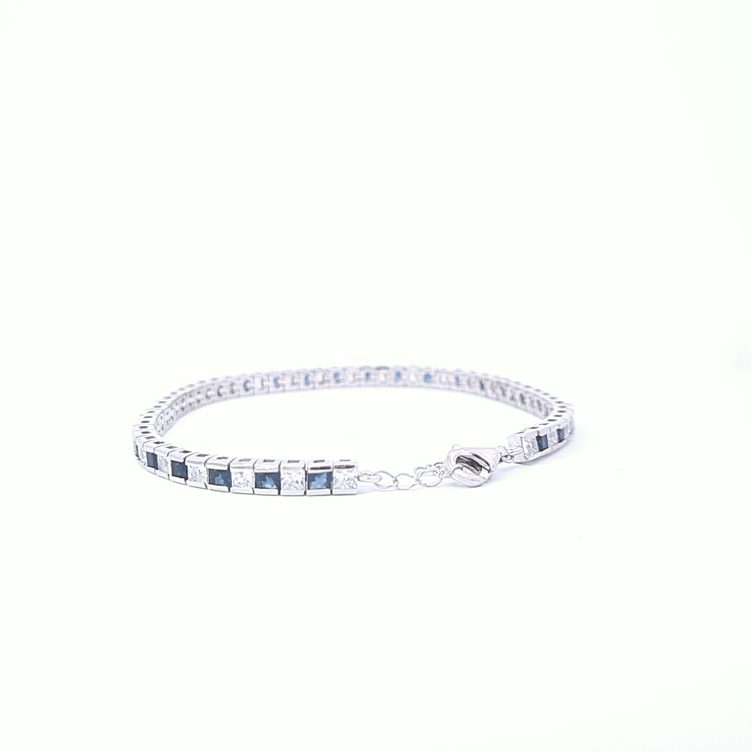 Sterling silver ladies Tennis style adjustable bracelet alternate set with square tennis  Blue sapphire CZ/CZ stones 33649 - Armin Lowe Jewellers