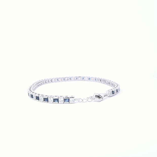 Sterling silver ladies Tennis style adjustable bracelet alternate set with square tennis  Blue sapphire CZ/CZ stones 33649