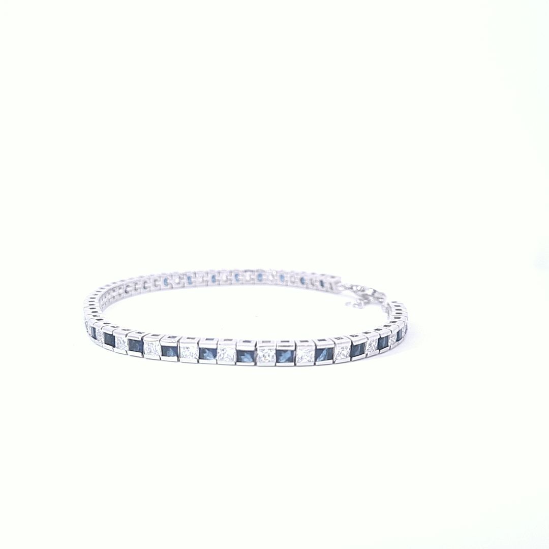 Sterling silver ladies Tennis style adjustable bracelet alternate set with square tennis  Blue sapphire CZ/CZ stones 33649 - Armin Lowe Jewellers