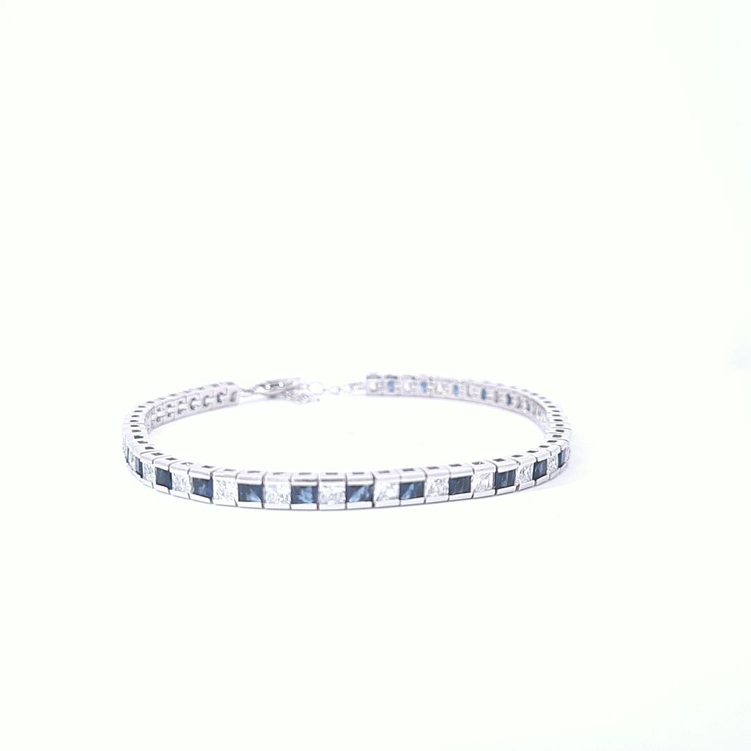 Sterling silver ladies Tennis style adjustable bracelet alternate set with square tennis  Blue sapphire CZ/CZ stones 33649 - Armin Lowe Jewellers