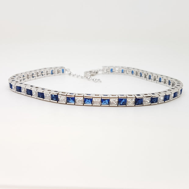 Sterling silver ladies Tennis style adjustable bracelet alternate set with square tennis  Blue sapphire CZ/CZ stones 33649