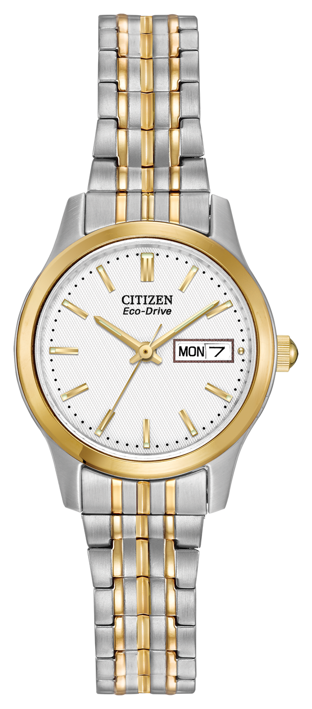 Citizen ladies two tone expanding bracelet watch with gold baton markers and white dial, clear and easy to read. Centre seconds hand and day/date. Eco drive model   powered by light no need for a battery change. 5 year guarantee. 13494