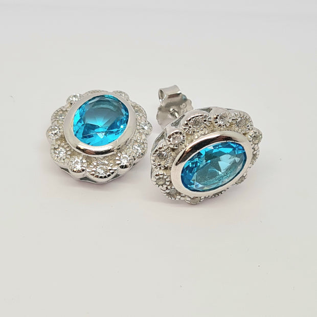 Aqua blue CZ oval cluster stud earrings 35325
