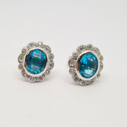 Aqua blue CZ oval cluster stud earrings 35325