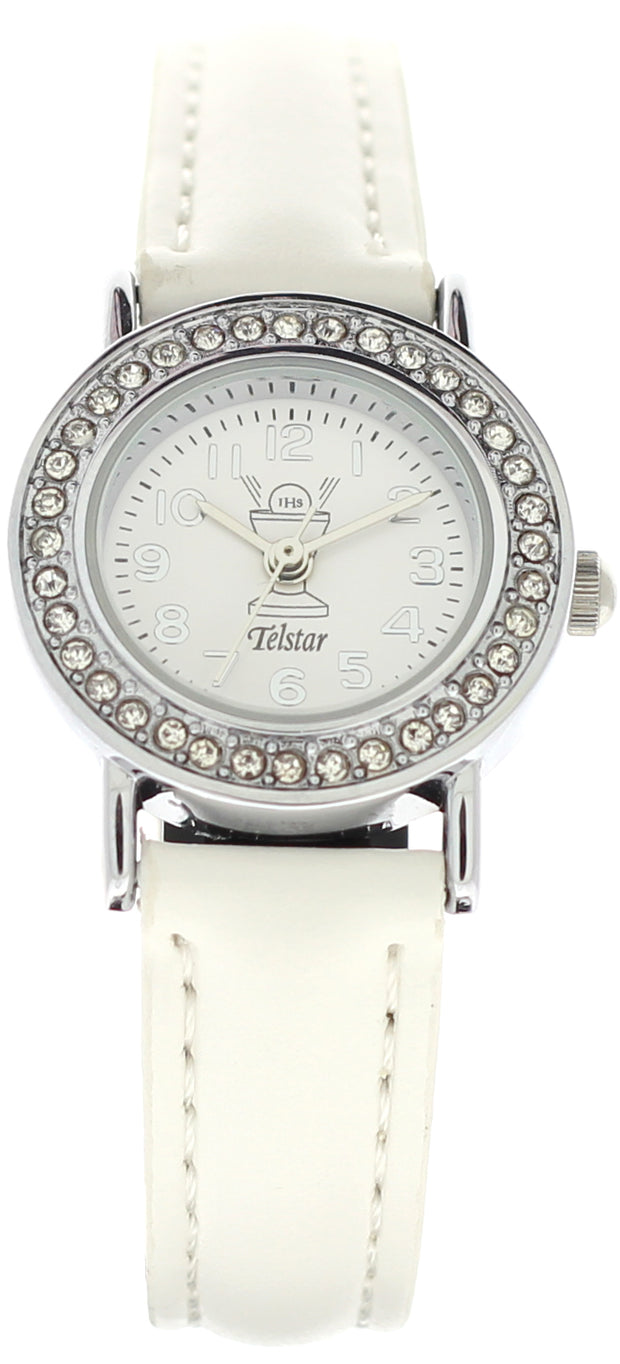 Girls Communion quartz watch on white leather strap 13903