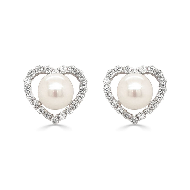 Noriko Cultured pearl + CZ Heart stud earrings 34981