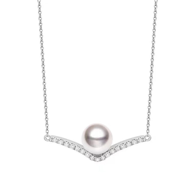 Noriko 8mm Cultured pearl  and CZ set V shaped bar pendant 34974
