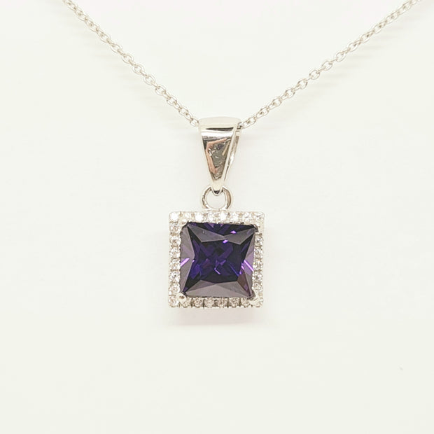 Sterling silver Amethyst purple CZ square cluster pendant 34667