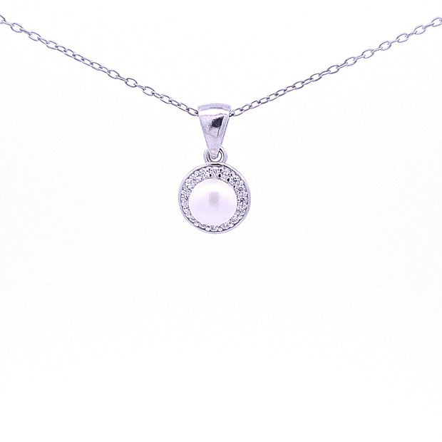 Sterling silver Round Pendant with CZ & Pearl 34656