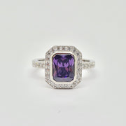 Amethyst purple CZ rectangular halo cluster ring 34711