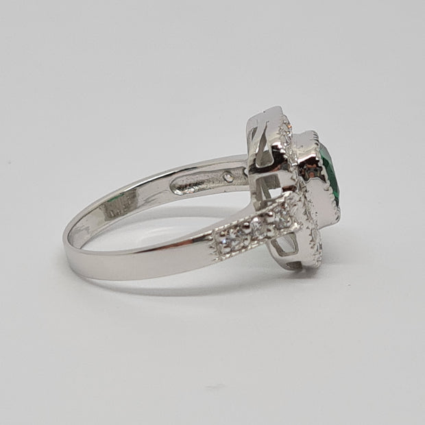 Cushion Halo sterling silver dress ring, green CZ 34710