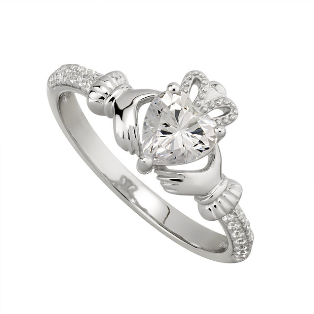 Sterling silver Claddagh birthstone ring, APRIL - Armin Lowe Jewellers Sligo