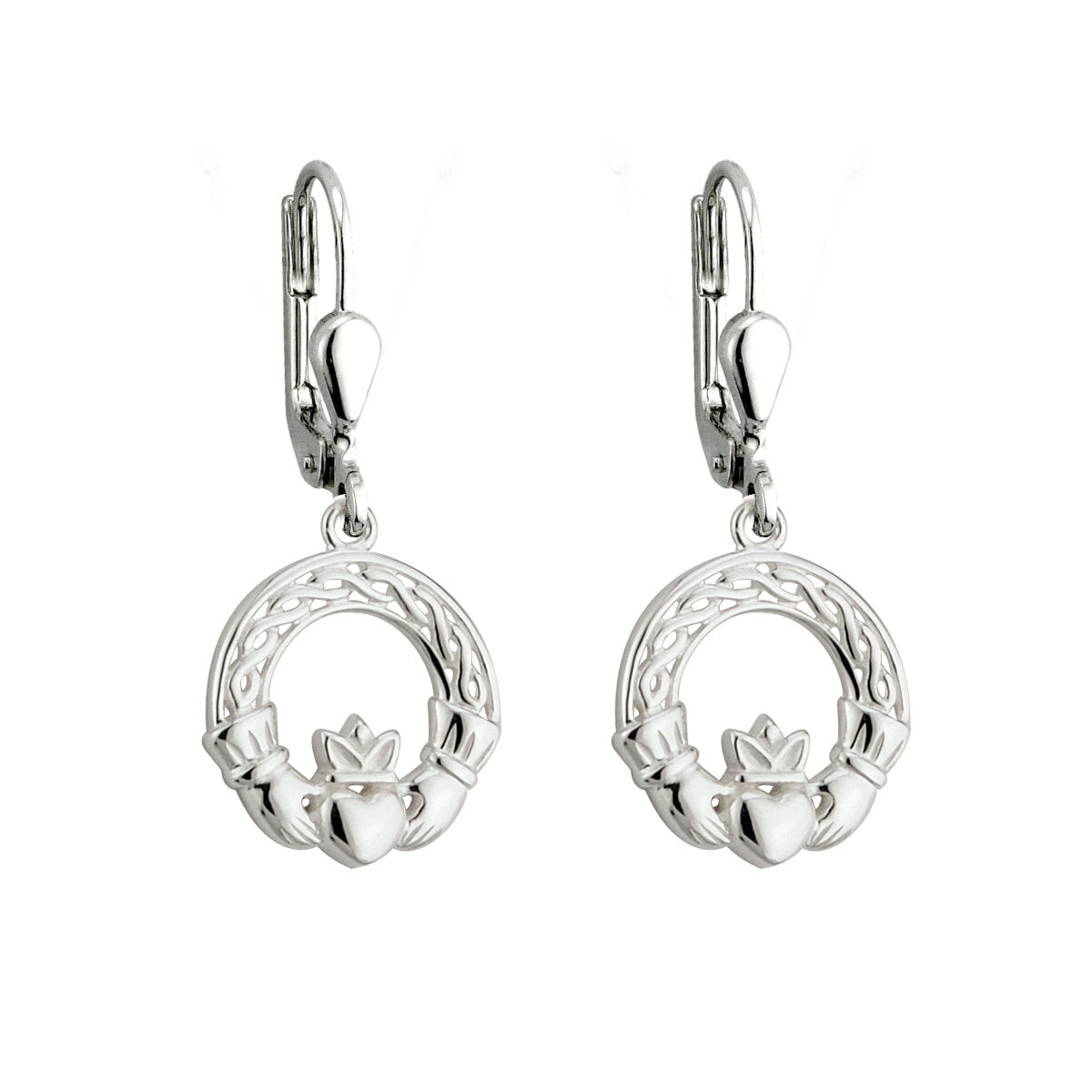 14mm Claddagh drop earrings with embossed arch, sterling silver, continental lever back fittings 32517 - Armin Lowe Jewellers
