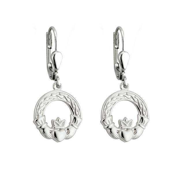 14mm Claddagh drop earrings with embossed arch, sterling silver, continental lever back fittings 32517