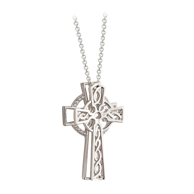 Sterling silver 3D micro pave CZ set Celtic cross on 20" bell chain 33236