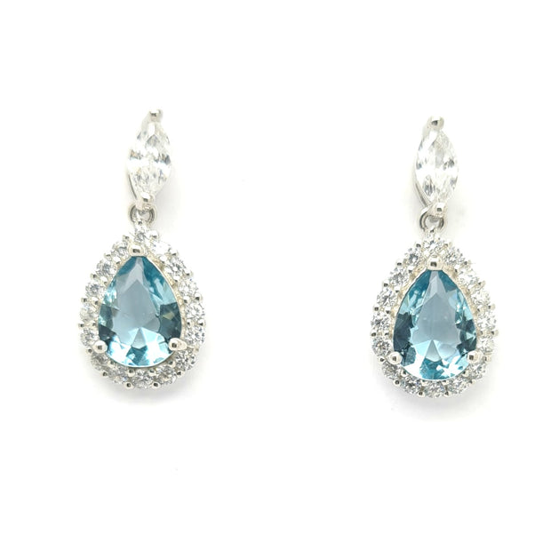 Pear Halo cluster CZ / Aqua Blue CZ drop earrings 35648