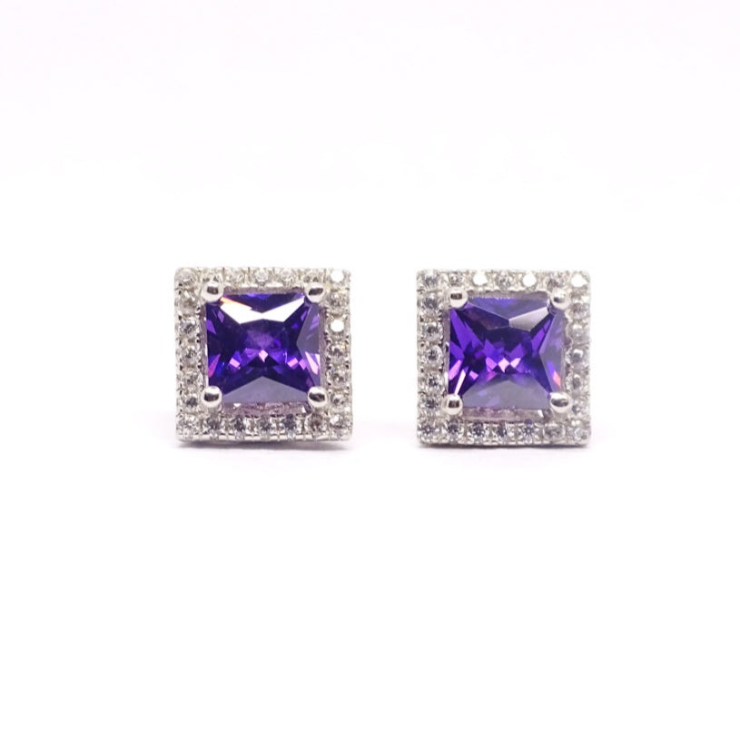 Square Amethyst purple CZ cluster studs 34082 - Armin Lowe Jewellers