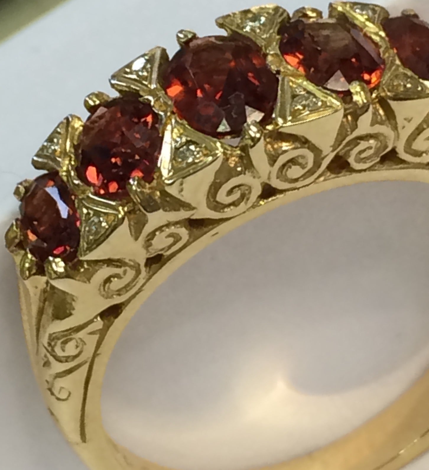 Gold carved ring with Garnets & Diamonds 35470 - Armin Lowe Jewellers