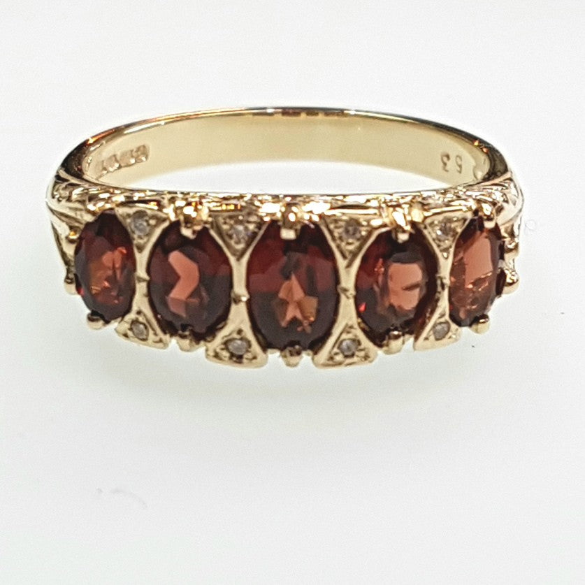 Gold carved ring with Garnets & Diamonds 35470 - Armin Lowe Jewellers